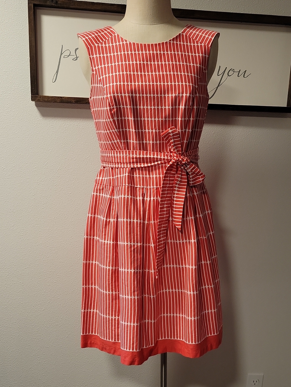 Dressbarn Coral and White Sleeveless Tie-Waist Mini Dress